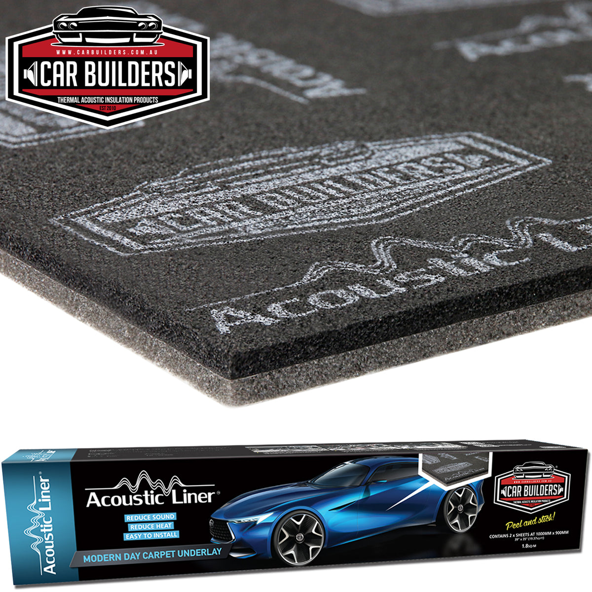 Sheet of Car Builders Acoustic Liner propped against its box