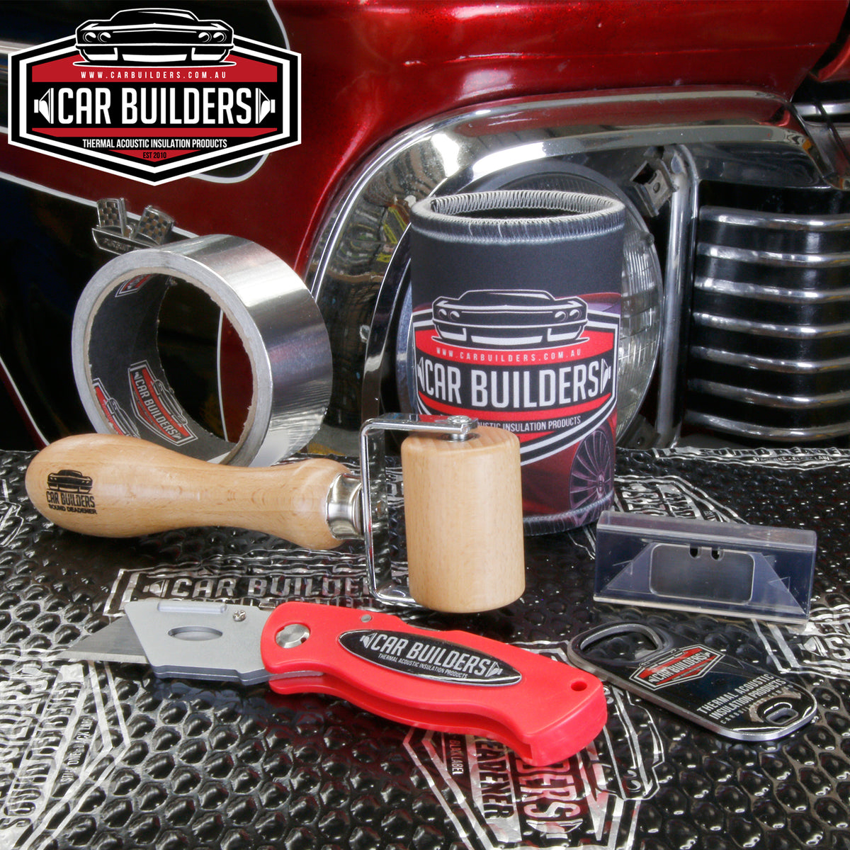 Car Builders install kit: roller, knife, foil tape and stubby holder