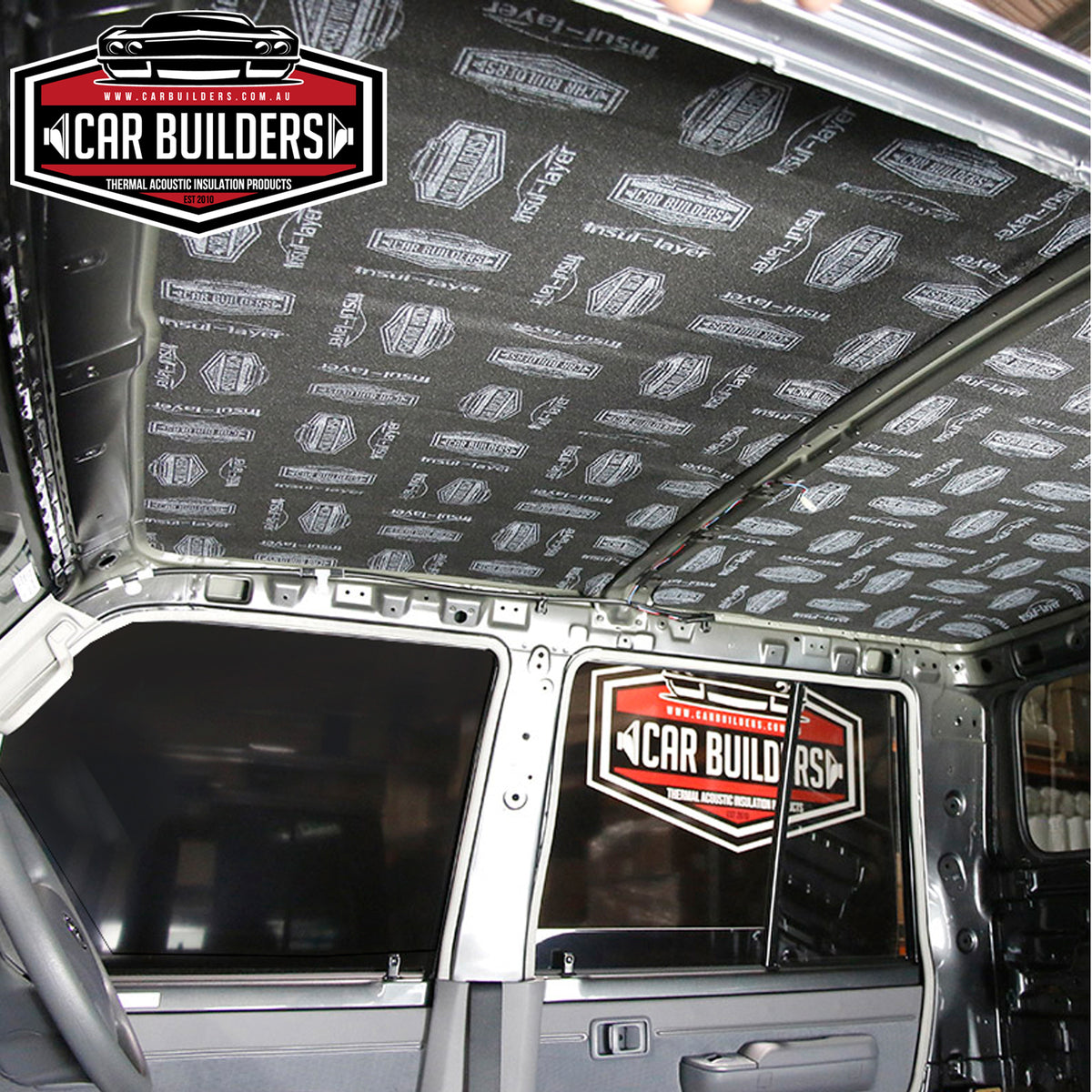 Car roof skin with rows of Stage 1 Sound Deadener sheets applied