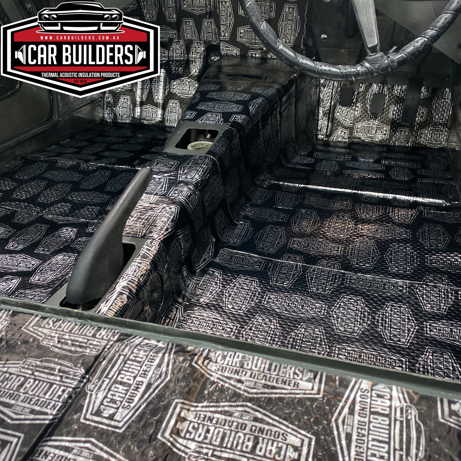 Floor pan and transmission tunnel covered in Stage 1 Sound Deadener