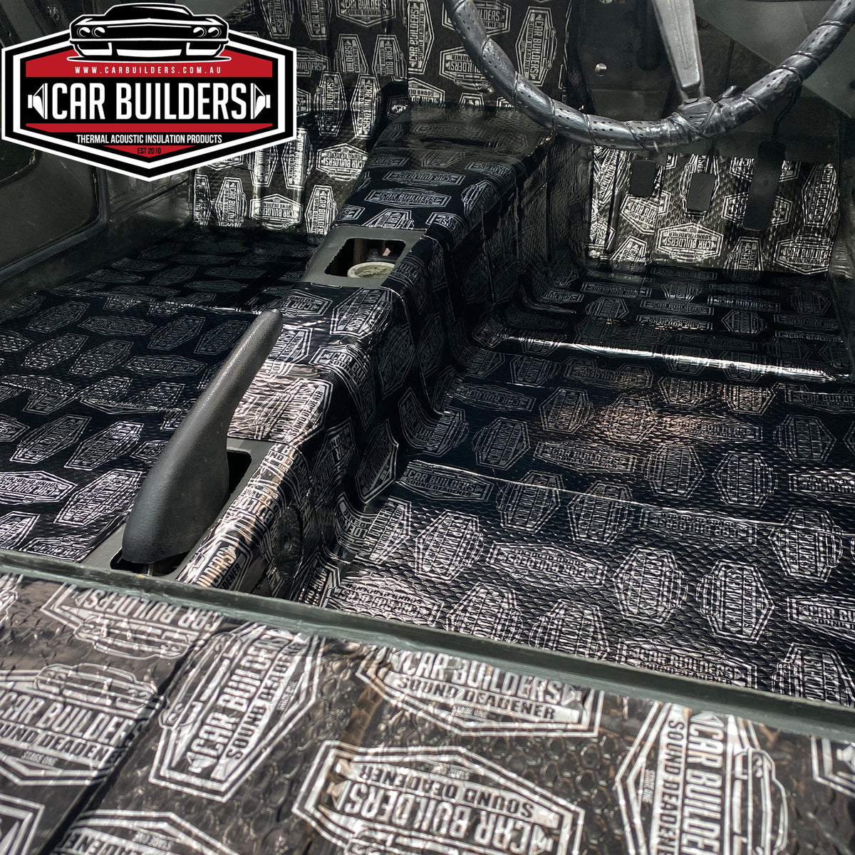 Floor pan and transmission tunnel covered in Stage 1 Sound Deadener