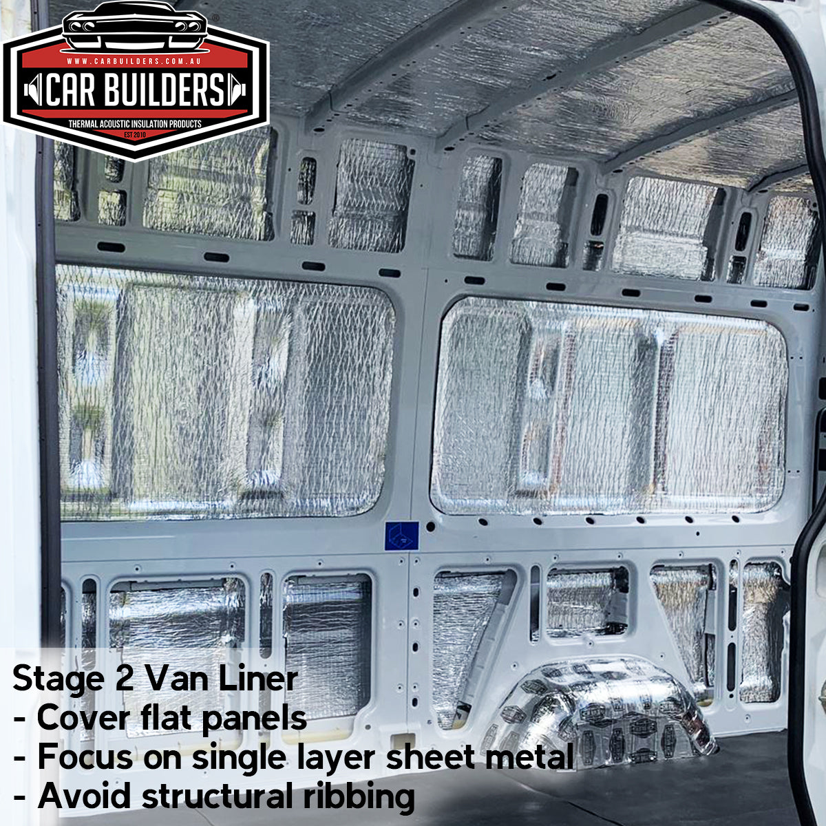 Reflective Van Liner stuck to the flat panels of a small van between the ribs