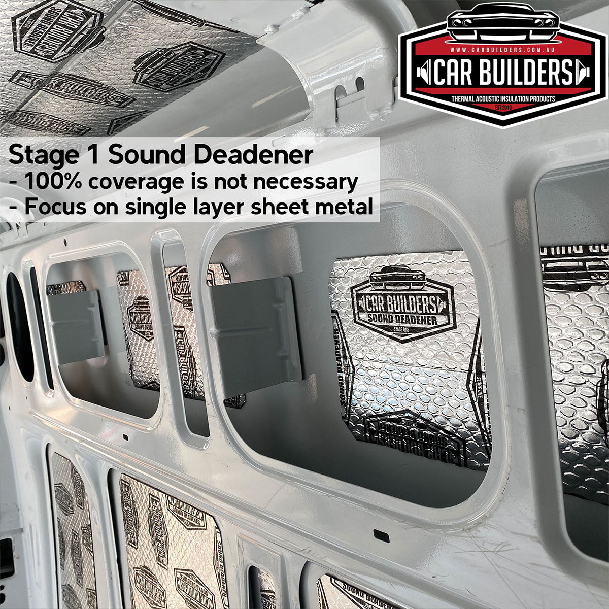Deadener tiles on the wall skins of an extra large van