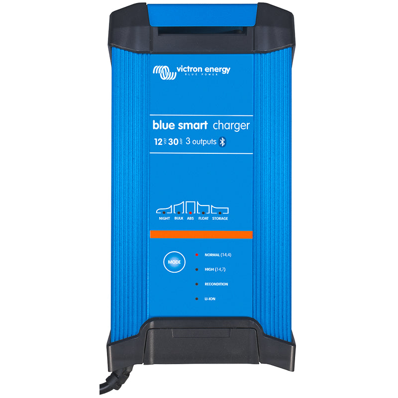 Victron Energy Blue Smart IP22 Charger with built-in Bluetooth, primarily blue with some black and orange detailing, designed for charging 12/30(3) 230V.