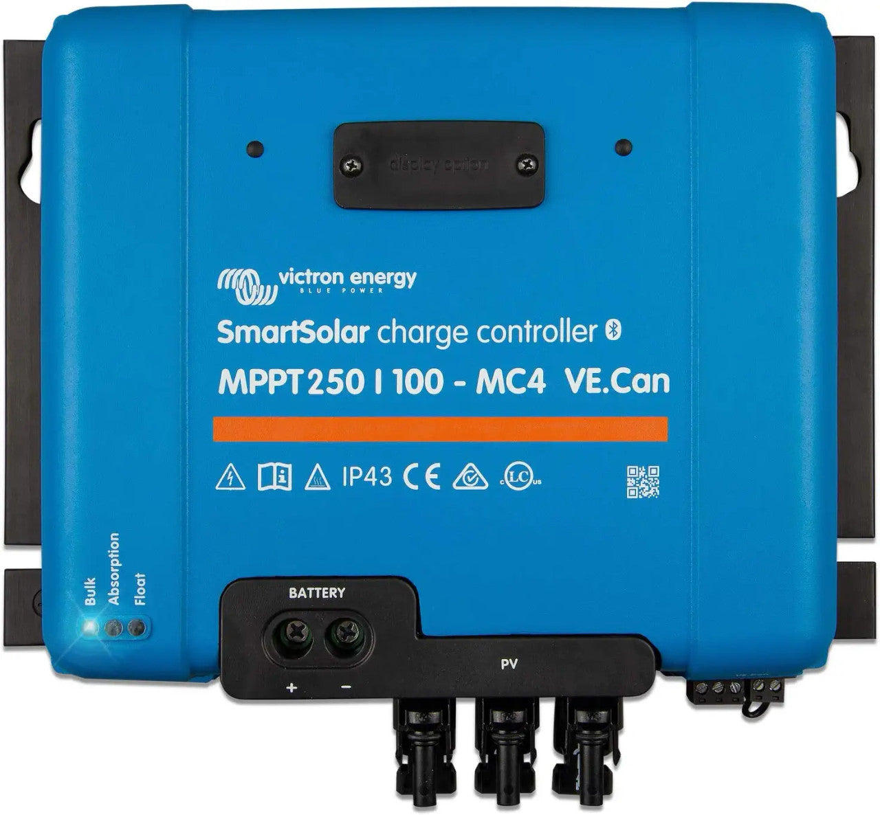 Blue Victron Energy SmartSolar MPPT 250/100 solar charge controller featuring MC4 and VE.Can connectors for efficient solar power management.